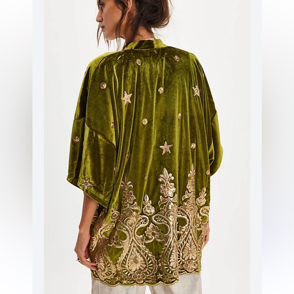 Lenni Tops - Lenni Whiskey Medium Duster Green Velvet Gold Sequin Embroidered Free People